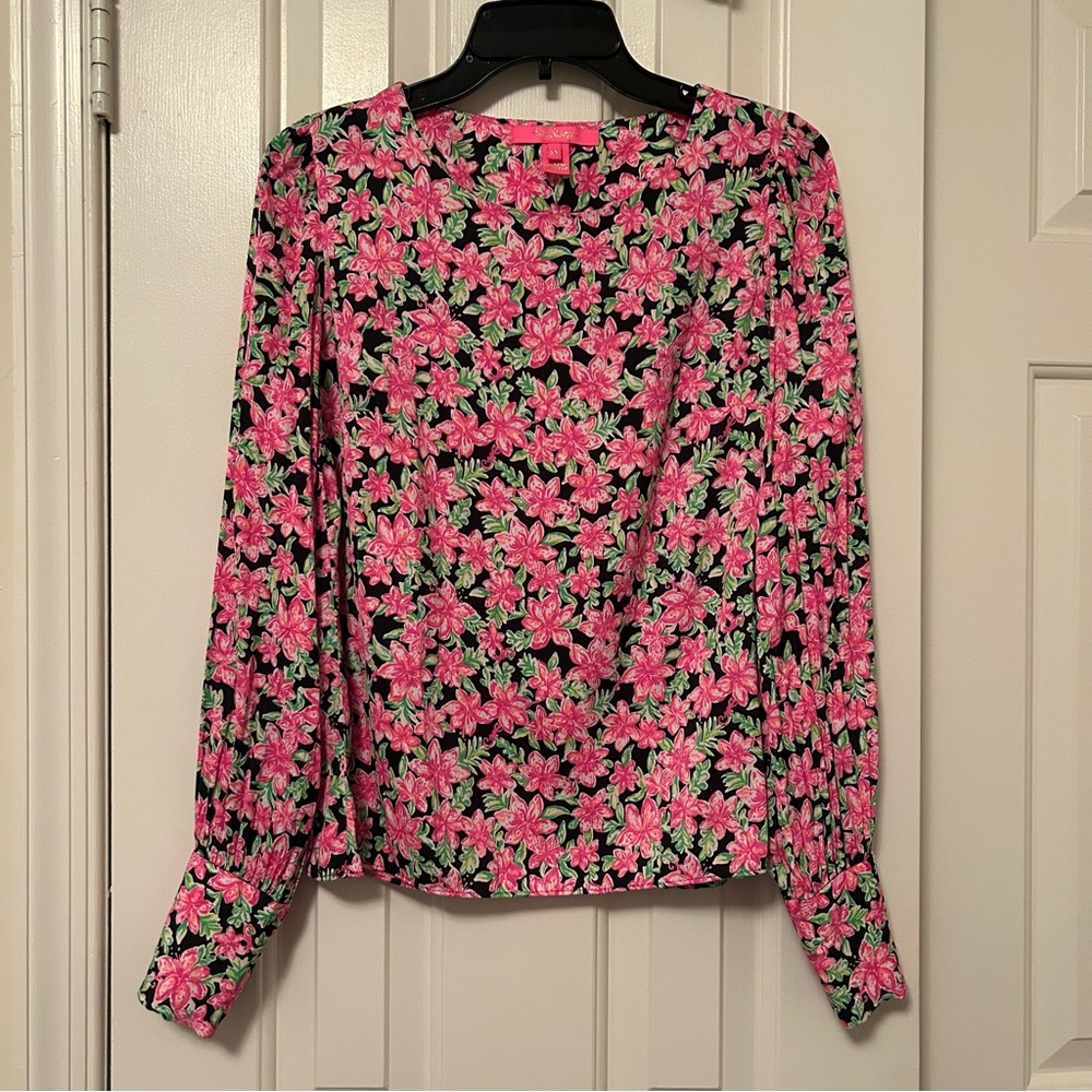Lilly Pulitzer Lambert Blouse Top Long Sleeves Onyx Lil Lilly Floral Size XS